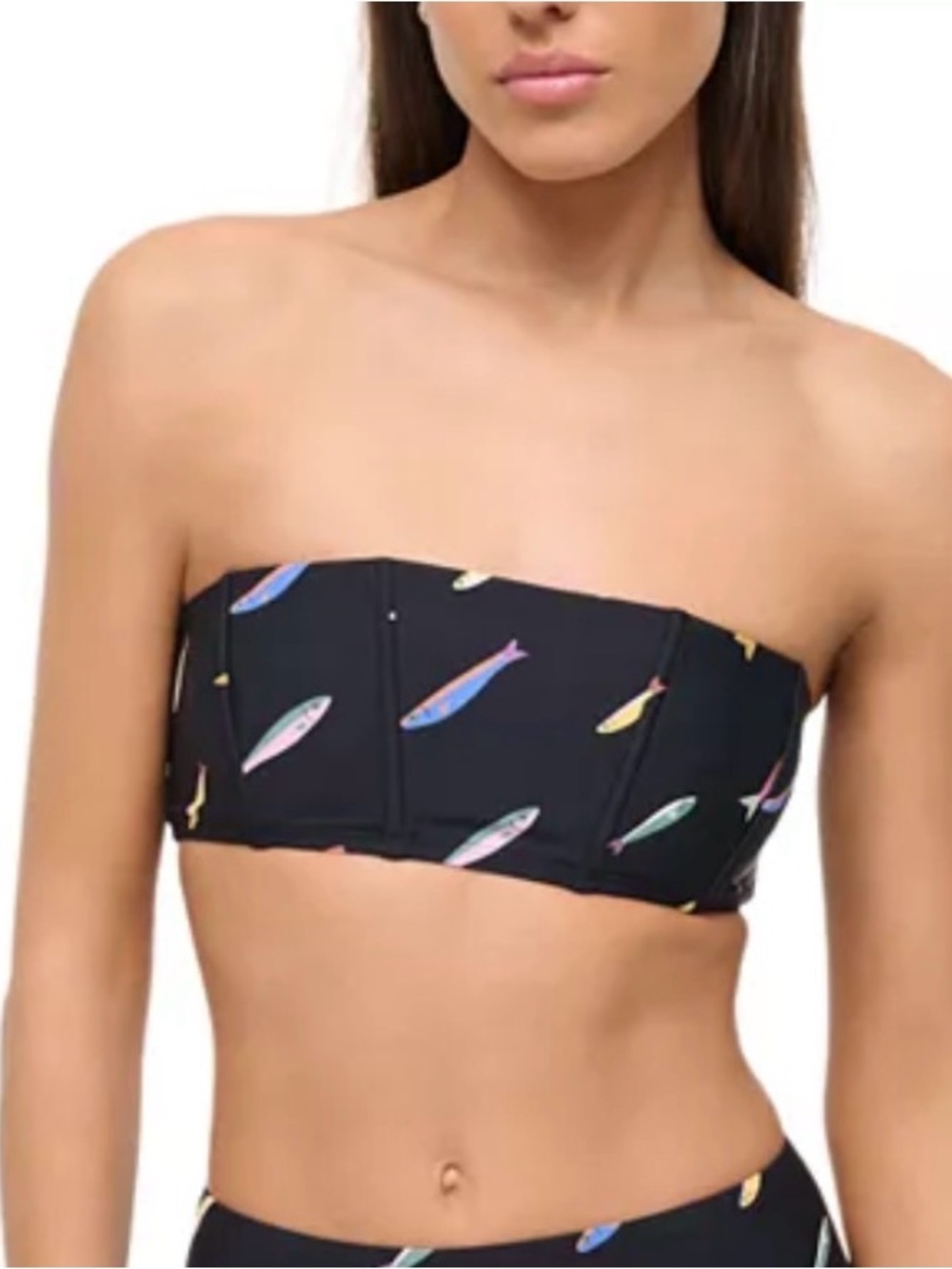 STAUD Black Bandeau Bikini Top with Multicolor Fish Print